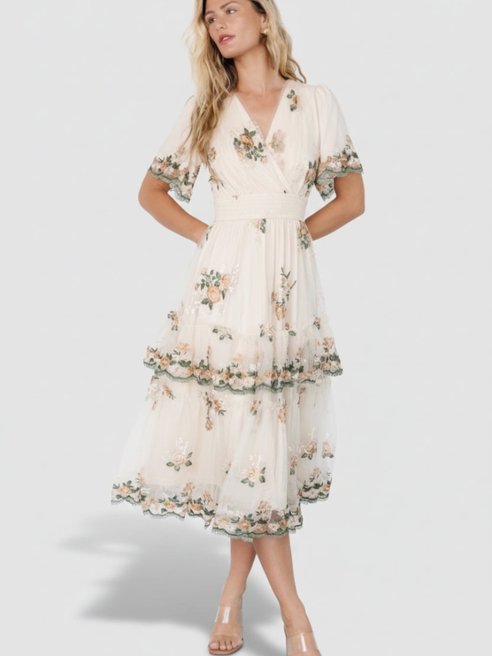 Ivory Floral Embroidered Midi Dress - Women